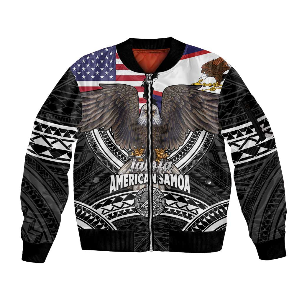 Talofa American Samoa Flag Day Sleeve Zip Bomber Jacket Bald Eagle Polynesian Tattoo LT14 Unisex Black - Polynesian Pride