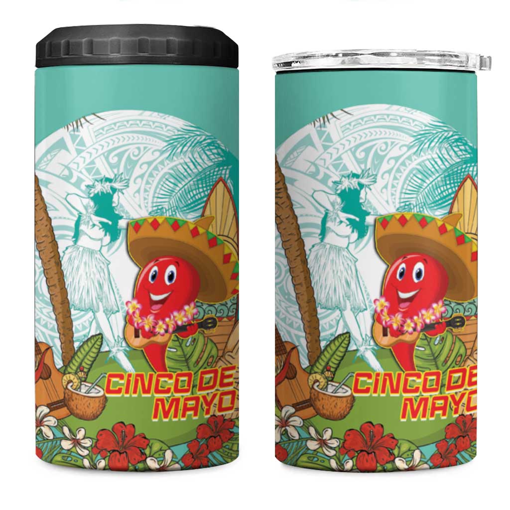 Hawaii Cinco de Mayo 4 in 1 Can Cooler Tumbler Chili Pepper Hula Girl Tropical Vibes