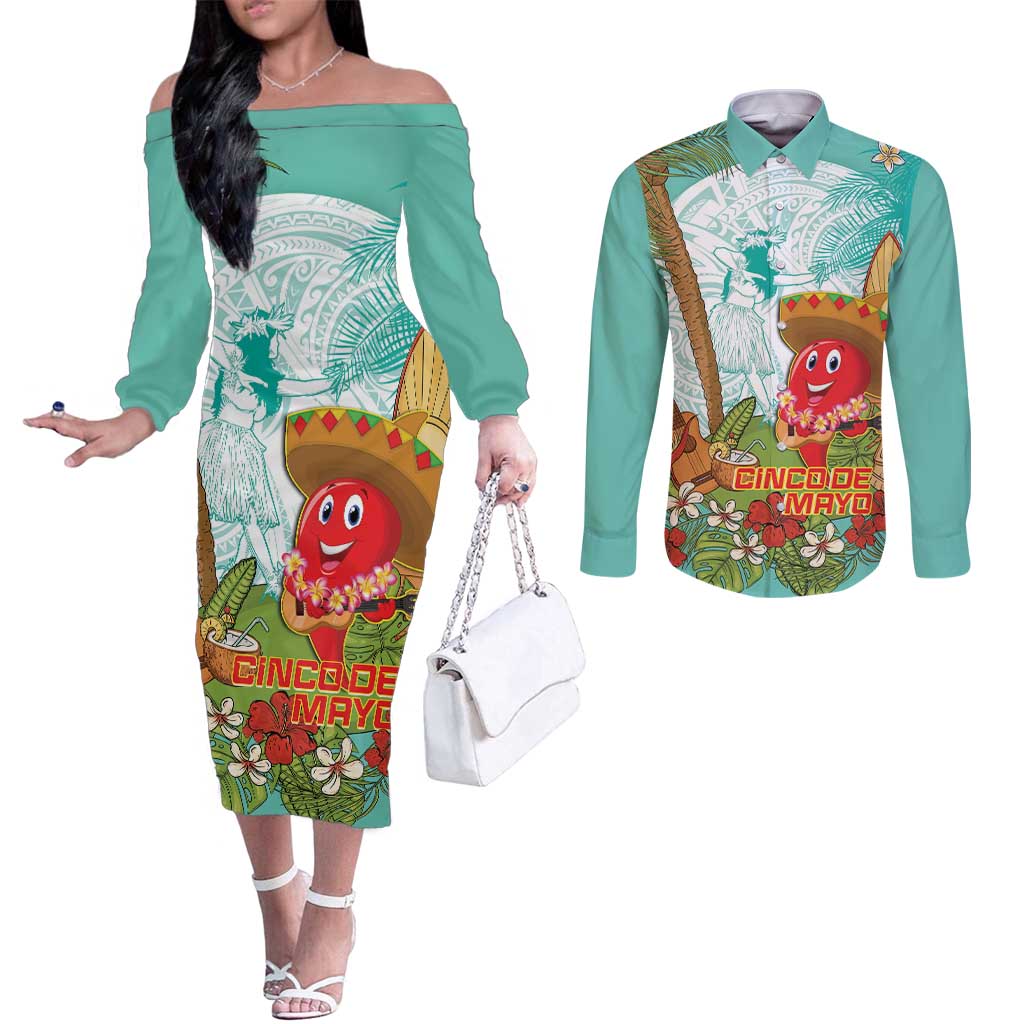Hawaii Cinco de Mayo Couples Matching Off The Shoulder Long Sleeve Dress and Long Sleeve Button Shirt Chili Pepper Hula Girl Tropical Vibes