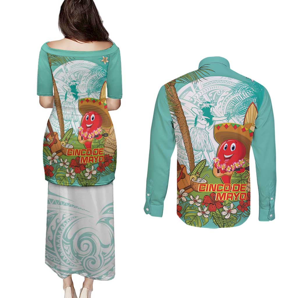 Hawaii Cinco de Mayo Couples Matching Puletasi and Long Sleeve Button Shirt Chili Pepper Hula Girl Tropical Vibes LT14 - Polynesian Pride