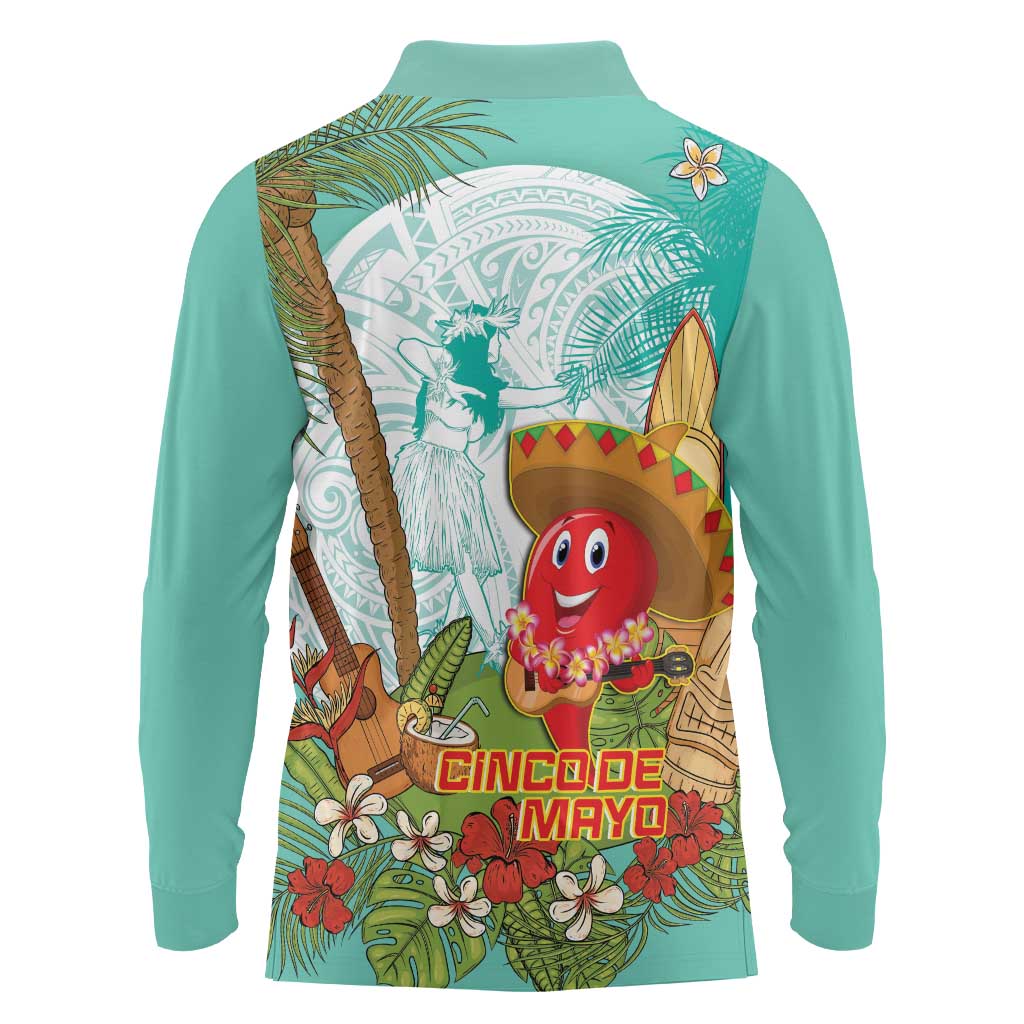 Hawaii Cinco de Mayo Long Sleeve Polo Shirt Chili Pepper Hula Girl Tropical Vibes