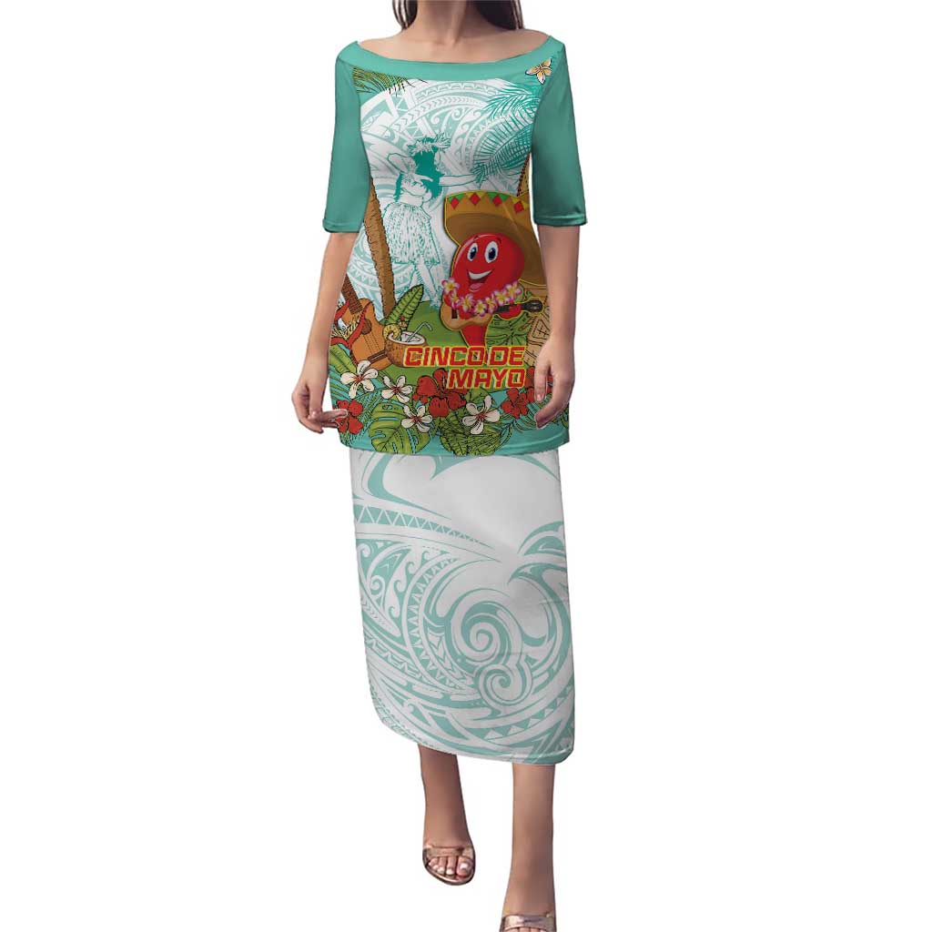 Hawaii Cinco de Mayo Puletasi Chili Pepper Hula Girl Tropical Vibes LT14 Long Dress Turquoise - Polynesian Pride