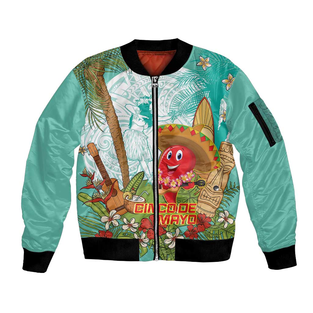 Hawaii Cinco de Mayo Sleeve Zip Bomber Jacket Chili Pepper Hula Girl Tropical Vibes LT14 Unisex Turquoise - Polynesian Pride