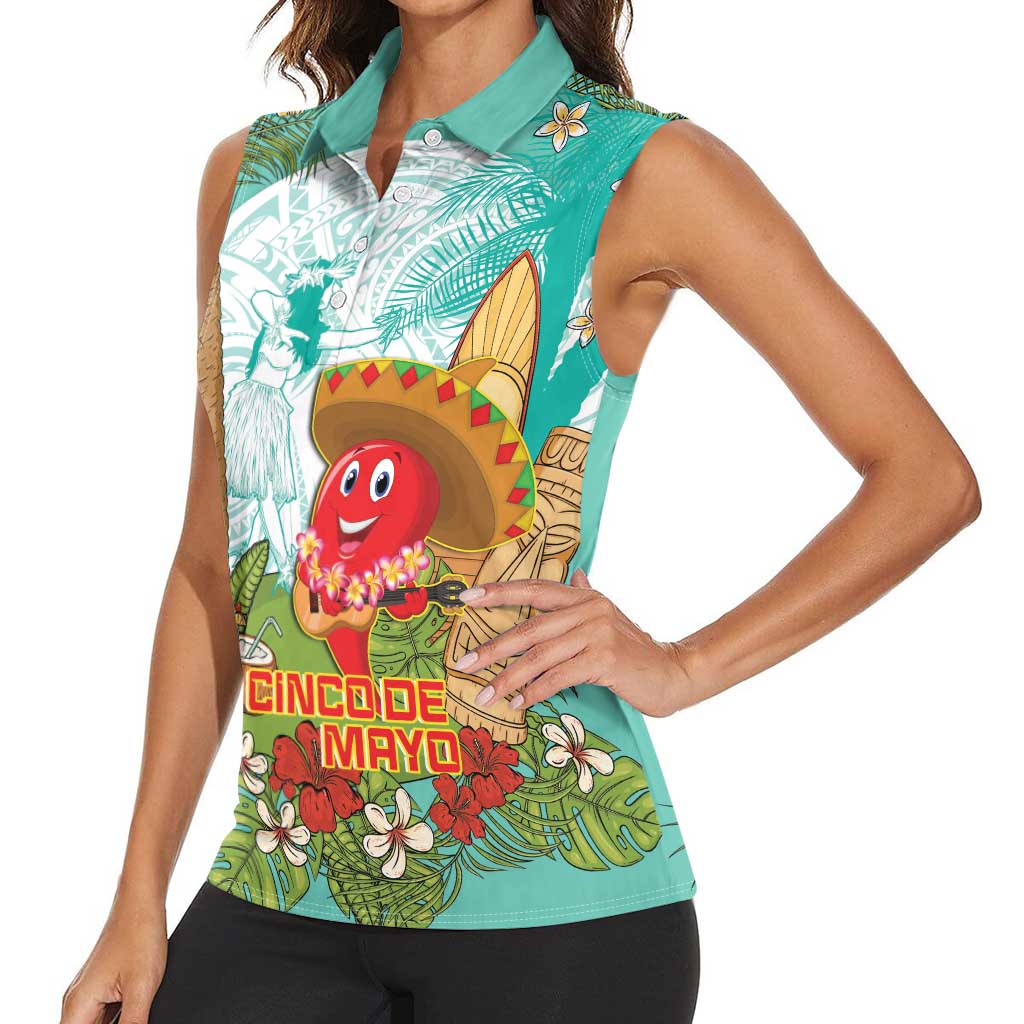 Hawaii Cinco de Mayo Women Sleeveless Polo Shirt Chili Pepper Hula Girl Tropical Vibes