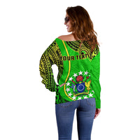 Personalised Cook Islands Off Shoulder Sweater Mangaia Gospel Day Green Version LT14 - Polynesian Pride