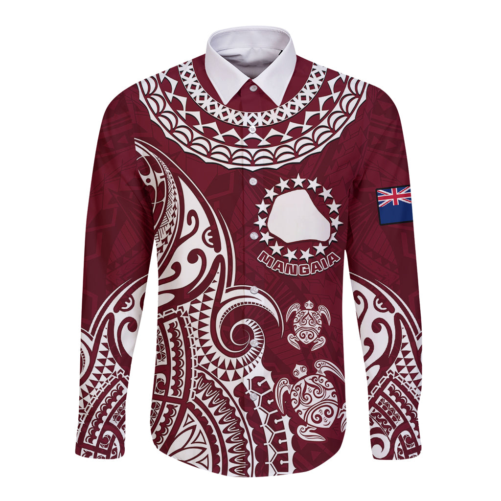 Personalised Mangaia Cook Islands Long Sleeve Button Shirt Polynesian Sea Turtle LT14 Unisex Maroon - Polynesian Pride