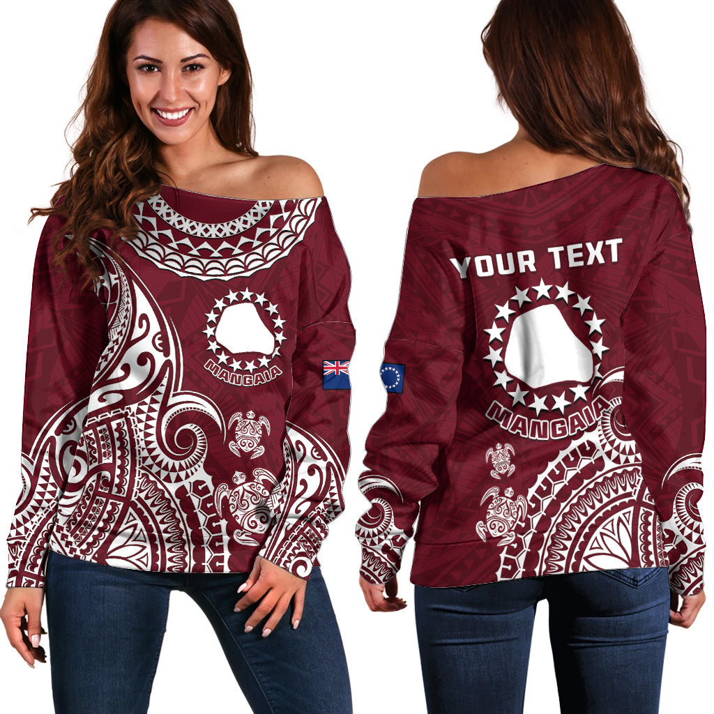 Personalised Mangaia Cook Islands Off Shoulder Sweater Polynesian Sea Turtle LT14 Women Maroon - Polynesian Pride