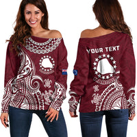 Personalised Mangaia Cook Islands Off Shoulder Sweater Polynesian Sea Turtle LT14 Women Maroon - Polynesian Pride