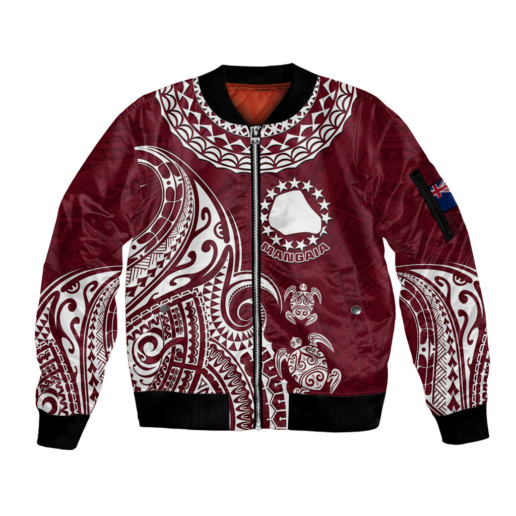 Personalised Mangaia Cook Islands Sleeve Zip Bomber Jacket Polynesian Sea Turtle LT14 Unisex Maroon - Polynesian Pride