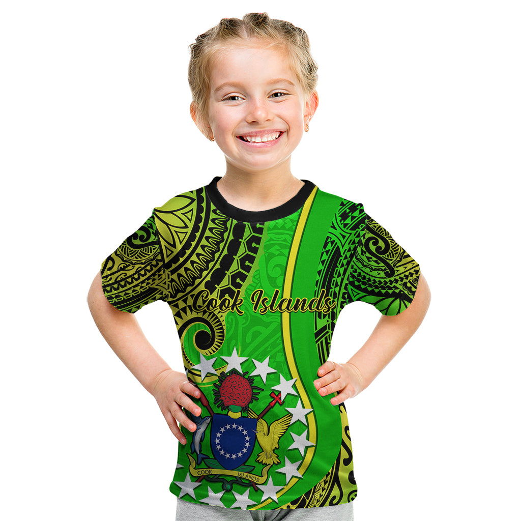 Polynesian Pride Cook Islands Kid T Shirt Kuki Airani Coat Of Arms LT14 Green - Polynesian Pride