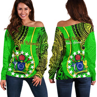 Polynesian Pride Cook Islands Off Shoulder Sweater Kuki Airani Coat Of Arms LT14 Women Green - Polynesian Pride