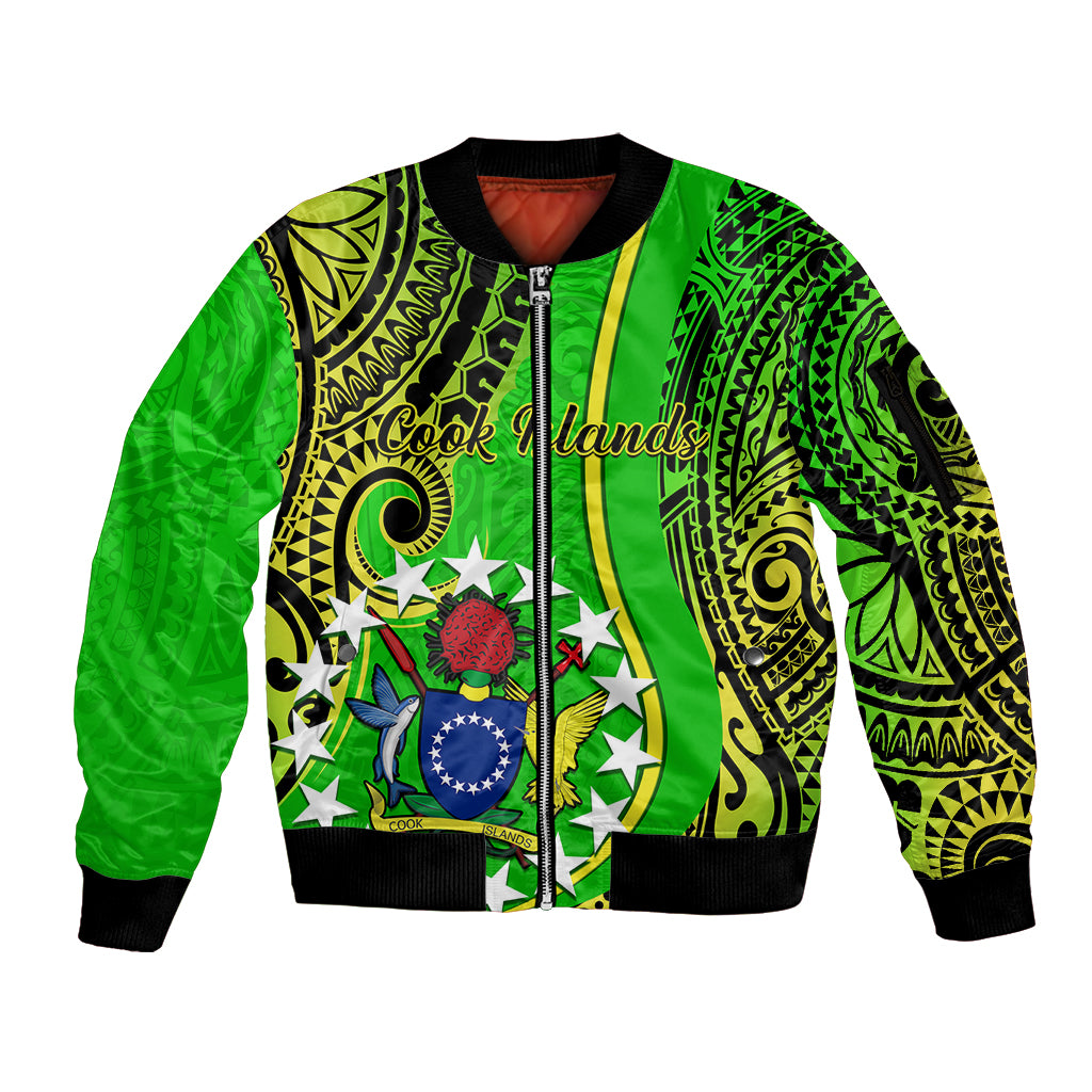 Personalised Cook Islands Sleeve Zip Bomber Jacket Kuki Airani Coat Of Arms LT14 Unisex Green - Polynesian Pride
