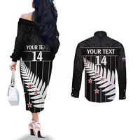 Custom New Zealand Silver Fern Cricket Couples Matching Off The Shoulder Long Sleeve Dress and Long Sleeve Button Shirt Aotearoa Maori Go Black Cap