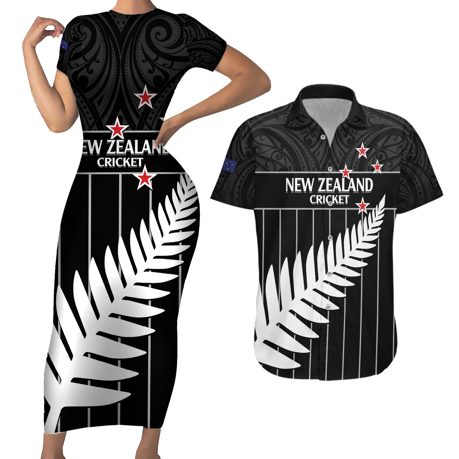 Custom New Zealand Silver Fern Cricket Couples Matching Short Sleeve Bodycon Dress and Hawaiian Shirt Aotearoa Maori Go Black Cap