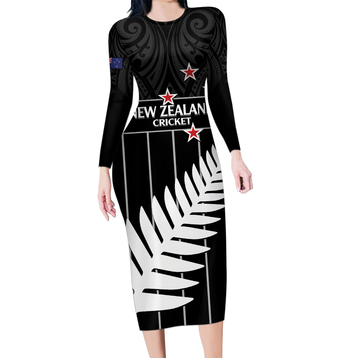 Custom New Zealand Silver Fern Cricket Family Matching Long Sleeve Bodycon Dress and Hawaiian Shirt Aotearoa Maori Go Black Cap LT14 Mom's Dress Black - Polynesian Pride
