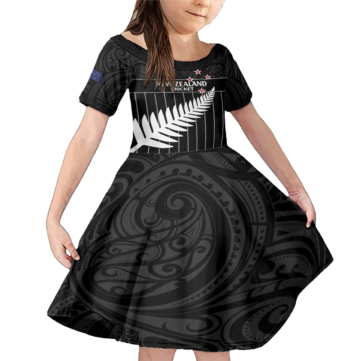 Custom New Zealand Silver Fern Cricket Family Matching Mermaid Dress and Hawaiian Shirt Aotearoa Maori Go Black Cap LT14 Daughter's Dress Black - Polynesian Pride