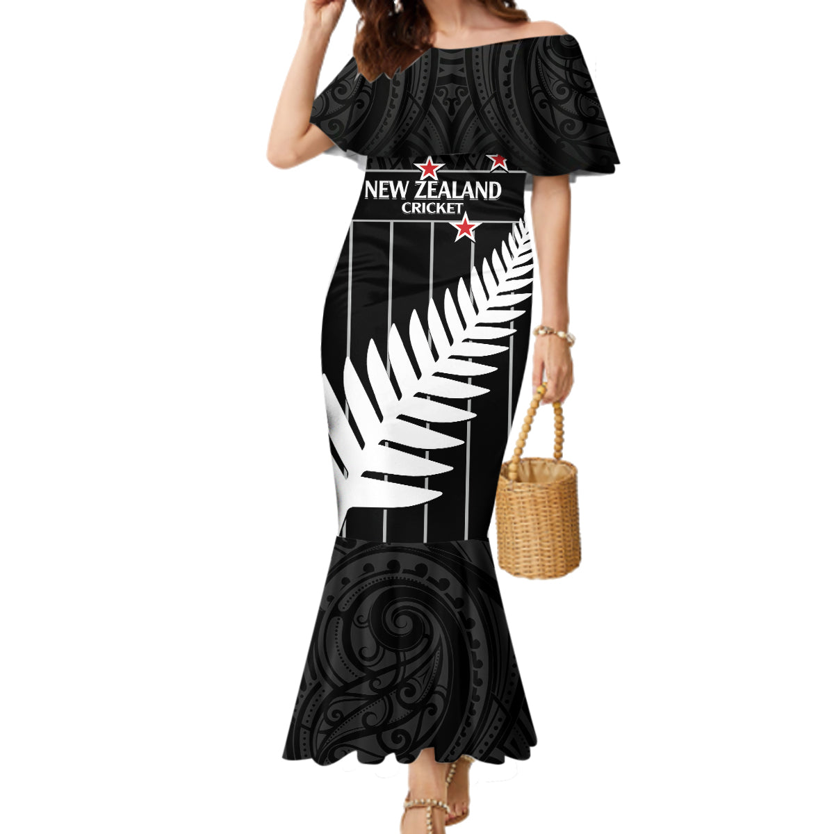 Custom New Zealand Silver Fern Cricket Family Matching Mermaid Dress and Hawaiian Shirt Aotearoa Maori Go Black Cap LT14 Mom's Dress Black - Polynesian Pride