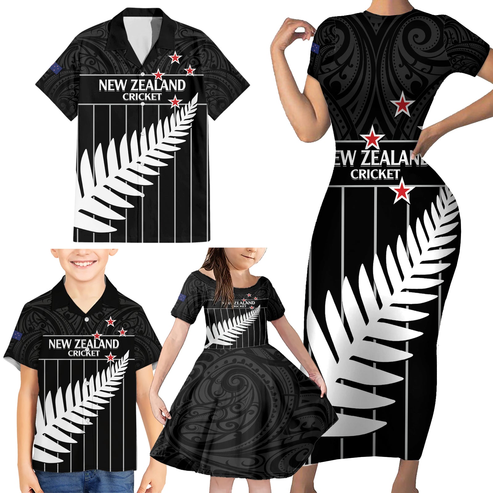 Custom New Zealand Silver Fern Cricket Family Matching Short Sleeve Bodycon Dress and Hawaiian Shirt Aotearoa Maori Go Black Cap LT14 - Polynesian Pride