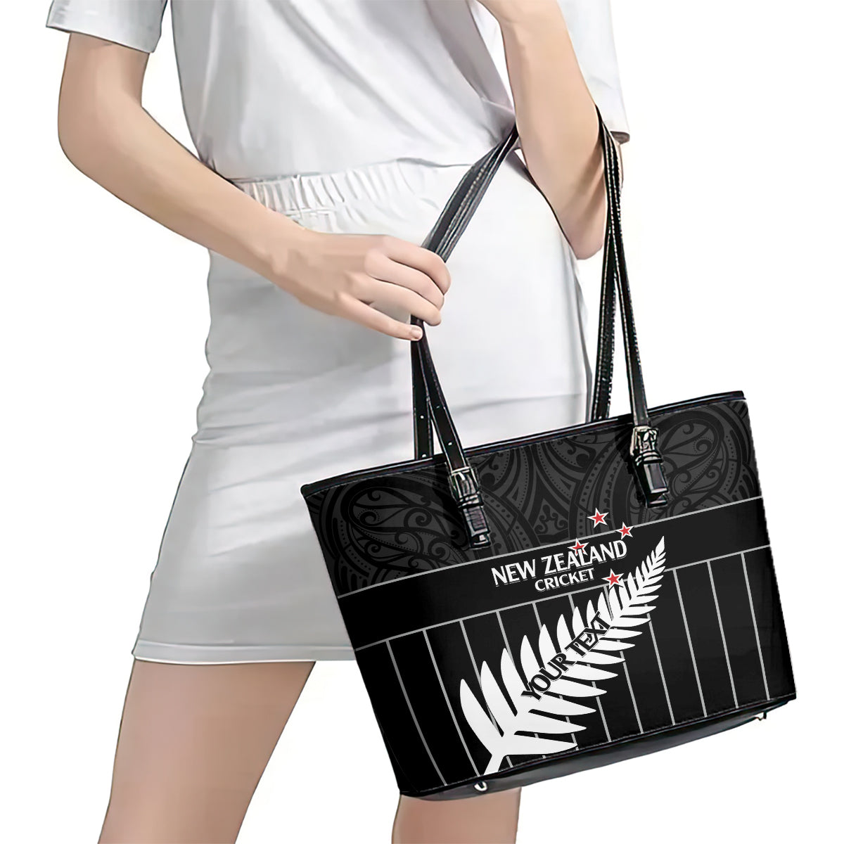Custom New Zealand Silver Fern Cricket Leather Tote Bag Aotearoa Maori Go Black Cap LT14 - Polynesian Pride