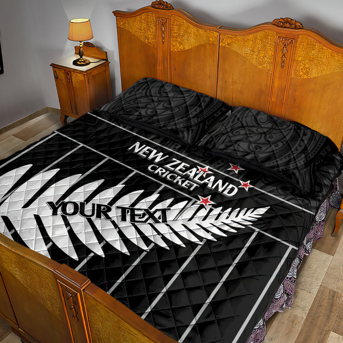 Custom New Zealand Silver Fern Cricket Quilt Bed Set Aotearoa Maori Go Black Cap