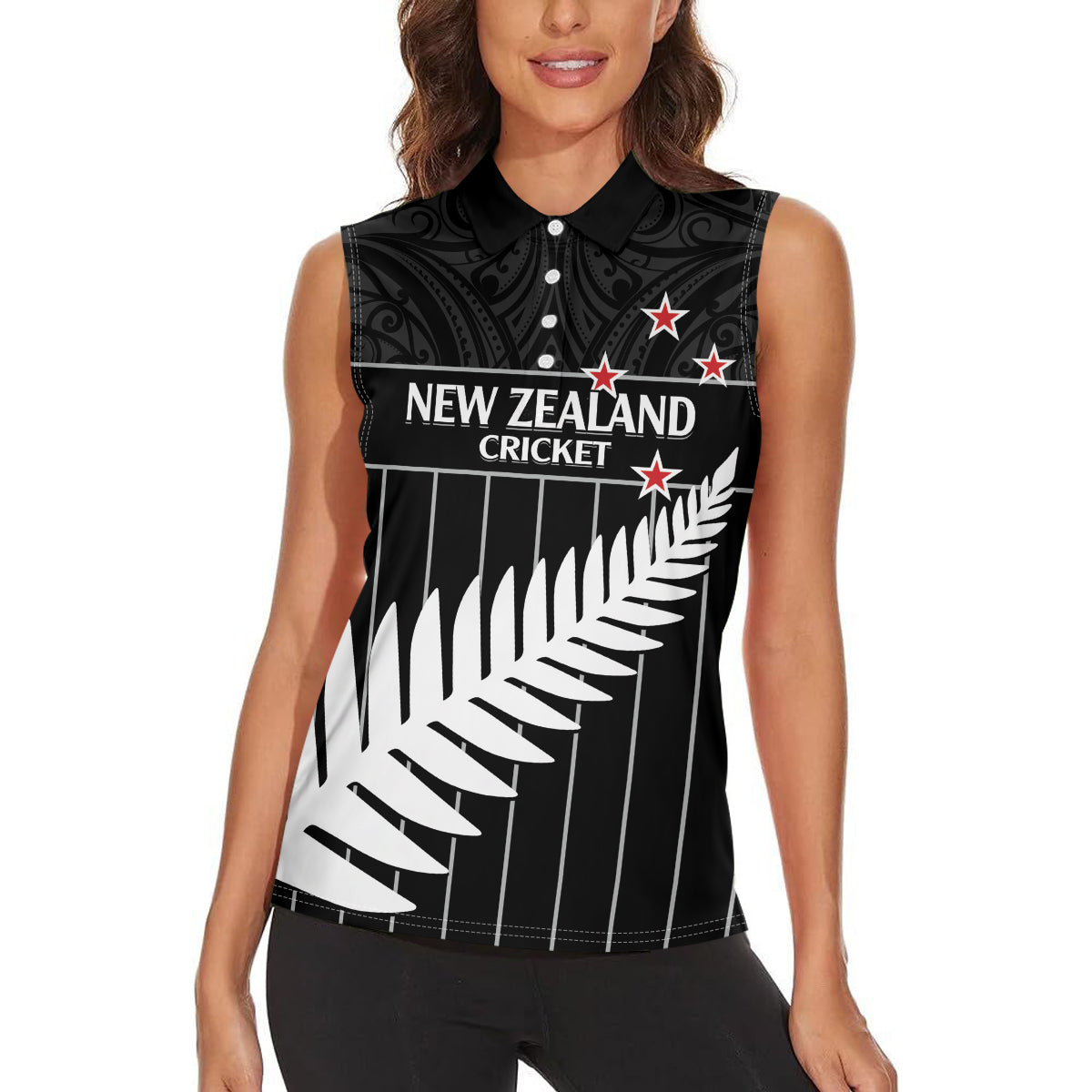 Custom New Zealand Silver Fern Cricket Women Sleeveless Polo Shirt Aotearoa Maori Go Black Cap