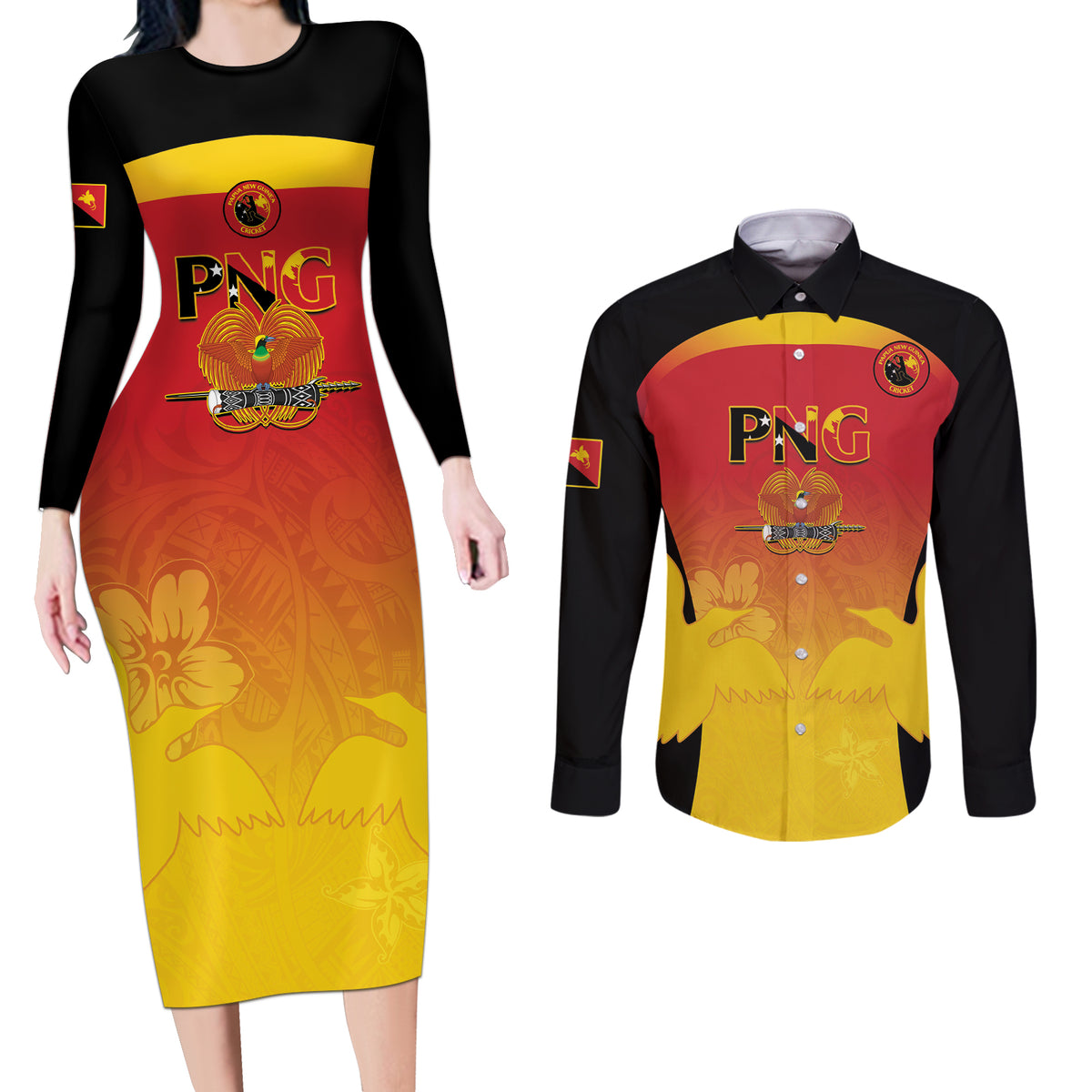 Custom Papua New Guinea Cricket Couples Matching Long Sleeve Bodycon Dress and Long Sleeve Button Shirt 2024 Go PNG