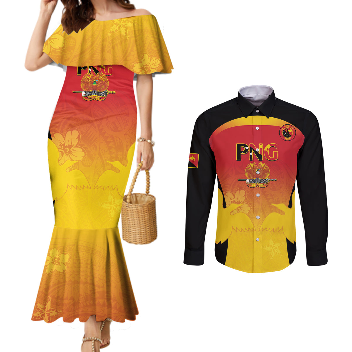 Custom Papua New Guinea Cricket Couples Matching Mermaid Dress and Long Sleeve Button Shirt 2024 Go PNG