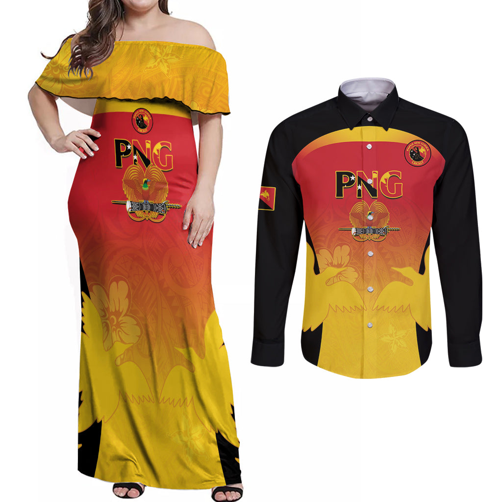 Custom Papua New Guinea Cricket Couples Matching Off Shoulder Maxi Dress and Long Sleeve Button Shirt 2024 Go PNG