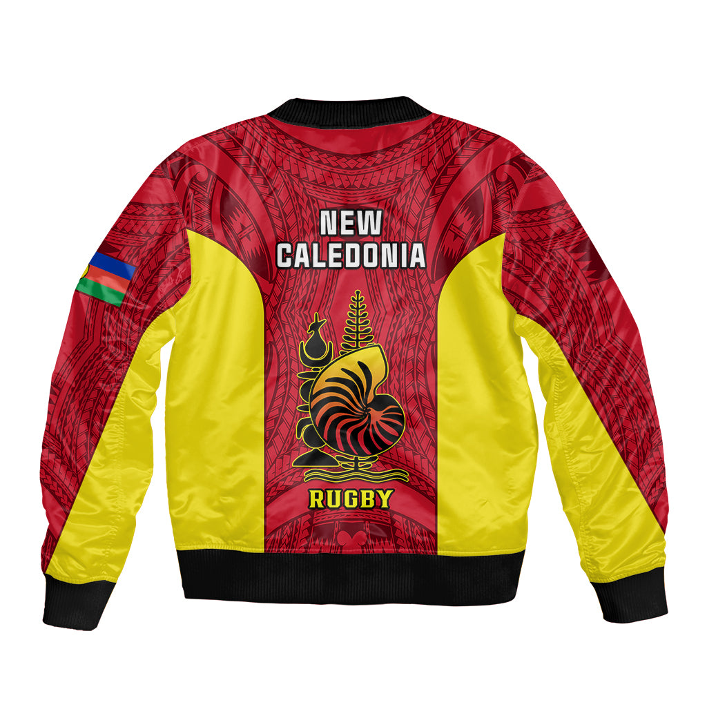 New Caledonia Rugby Sleeve Zip Bomber Jacket Coat Of Arms Mix Polynesian Pattern LT14 - Polynesian Pride