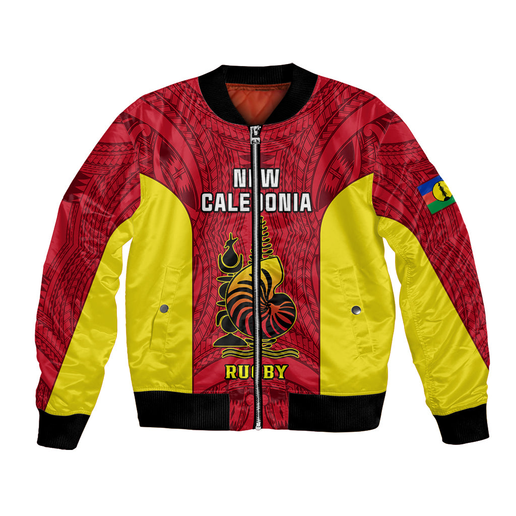 Personalised New Caledonia Rugby Bomber Jacket Coat Of Arms Mix Polynesian Pattern LT14 Unisex Red - Polynesian Pride