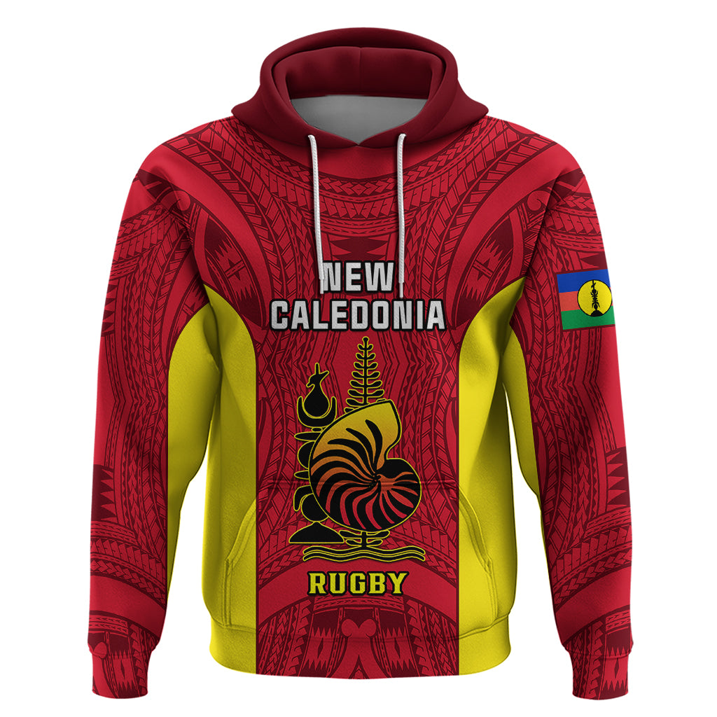 Custom New Caledonia Rugby Hoodie Coat of Arms Mix Polynesian Pattern LT14 Pullover Hoodie Red - Polynesian Pride