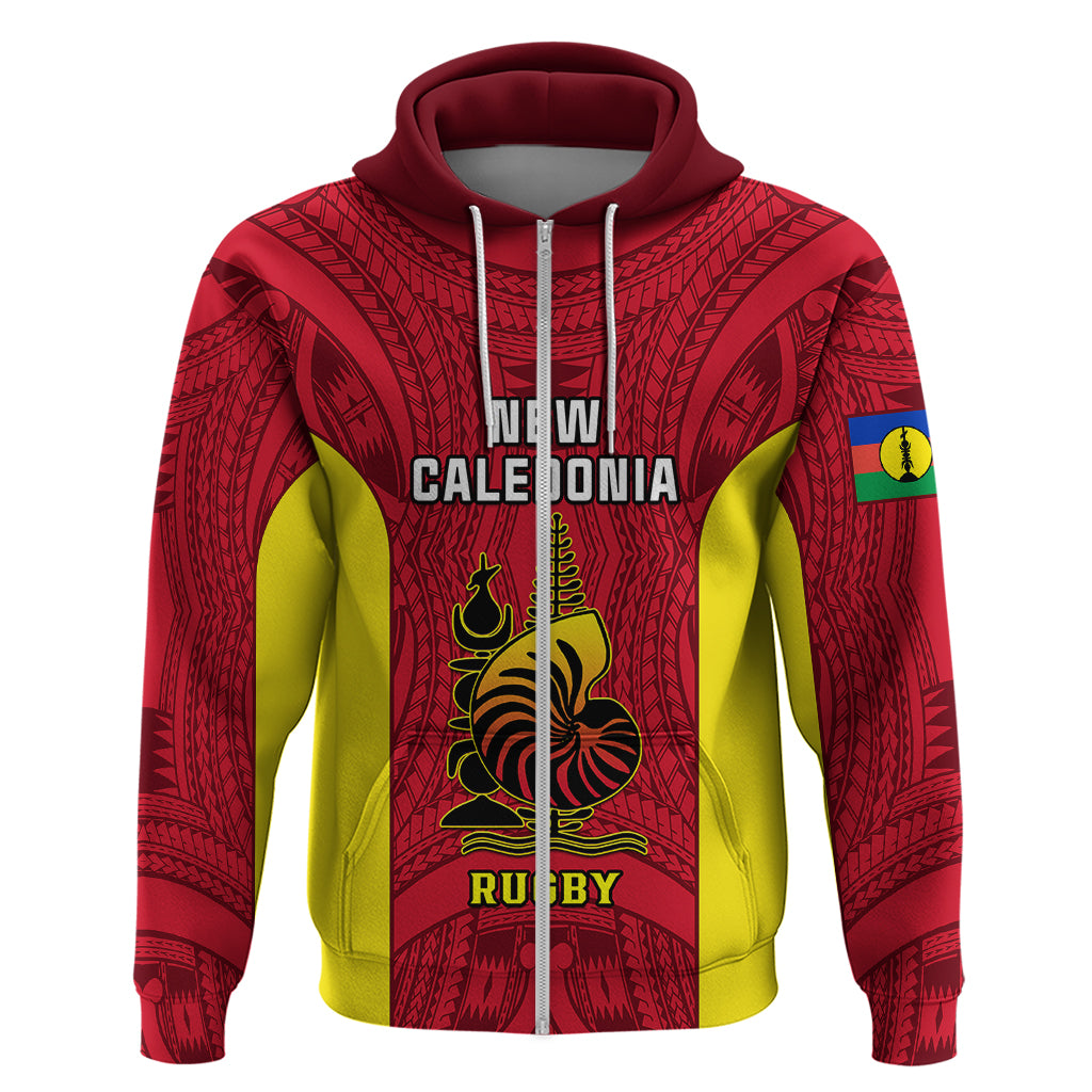 Custom New Caledonia Rugby Hoodie Coat of Arms Mix Polynesian Pattern LT14 Zip Hoodie Red - Polynesian Pride