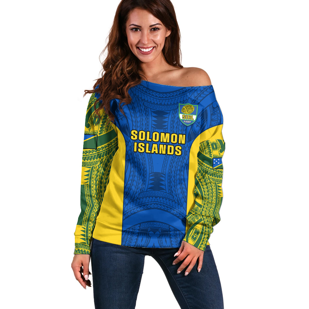 Solomon Islands Rugby Off Shoulder Sweater Pacific Go Solies LT14 Women Blue - Polynesian Pride