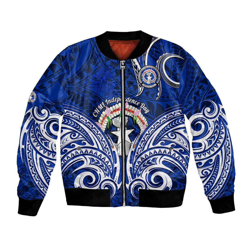Personalised Independence Day CNMI Bomber Jacket Northern Mariana Islands Tribal Tattoo Pattern LT14 Unisex Blue - Polynesian Pride