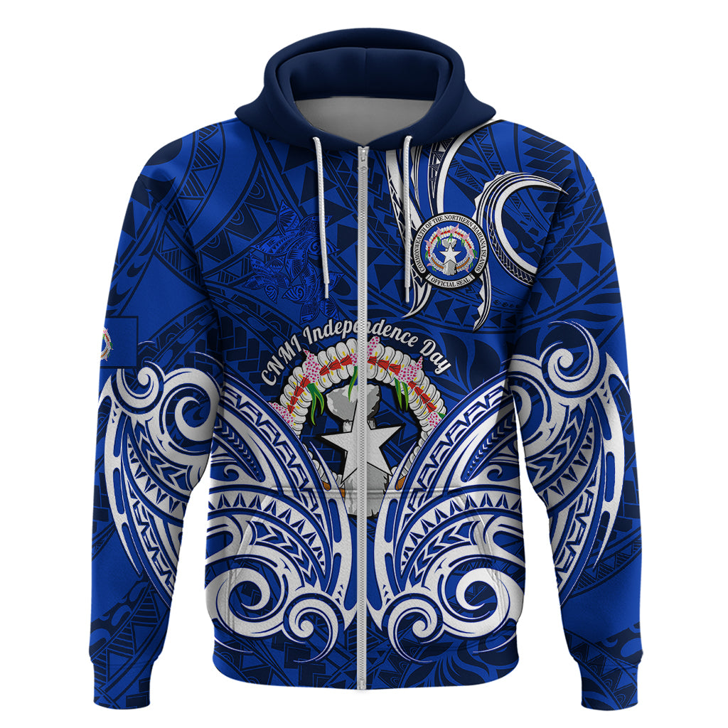 Custom Independence Day CNMI Hoodie Northern Mariana Islands Tribal Tattoo Pattern LT14 Zip Hoodie Blue - Polynesian Pride