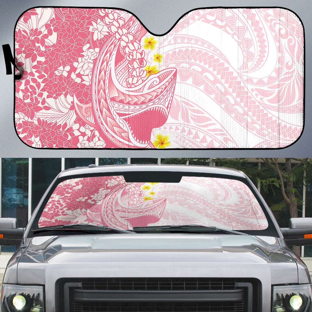 Pink Hawaii Shark Tattoo Auto Sun Shade Puakenikeni Lei Plumeria Polynesian Pattern LT14 Pink - Polynesian Pride