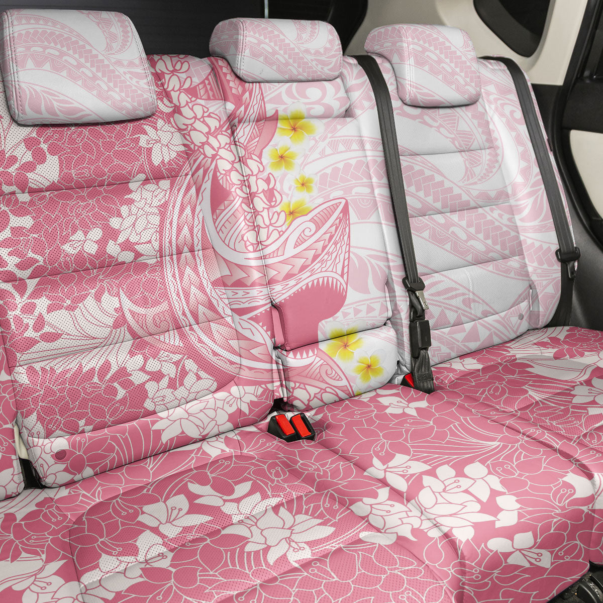 Pink Hawaii Shark Tattoo Back Car Seat Cover Puakenikeni Lei Plumeria Polynesian Pattern