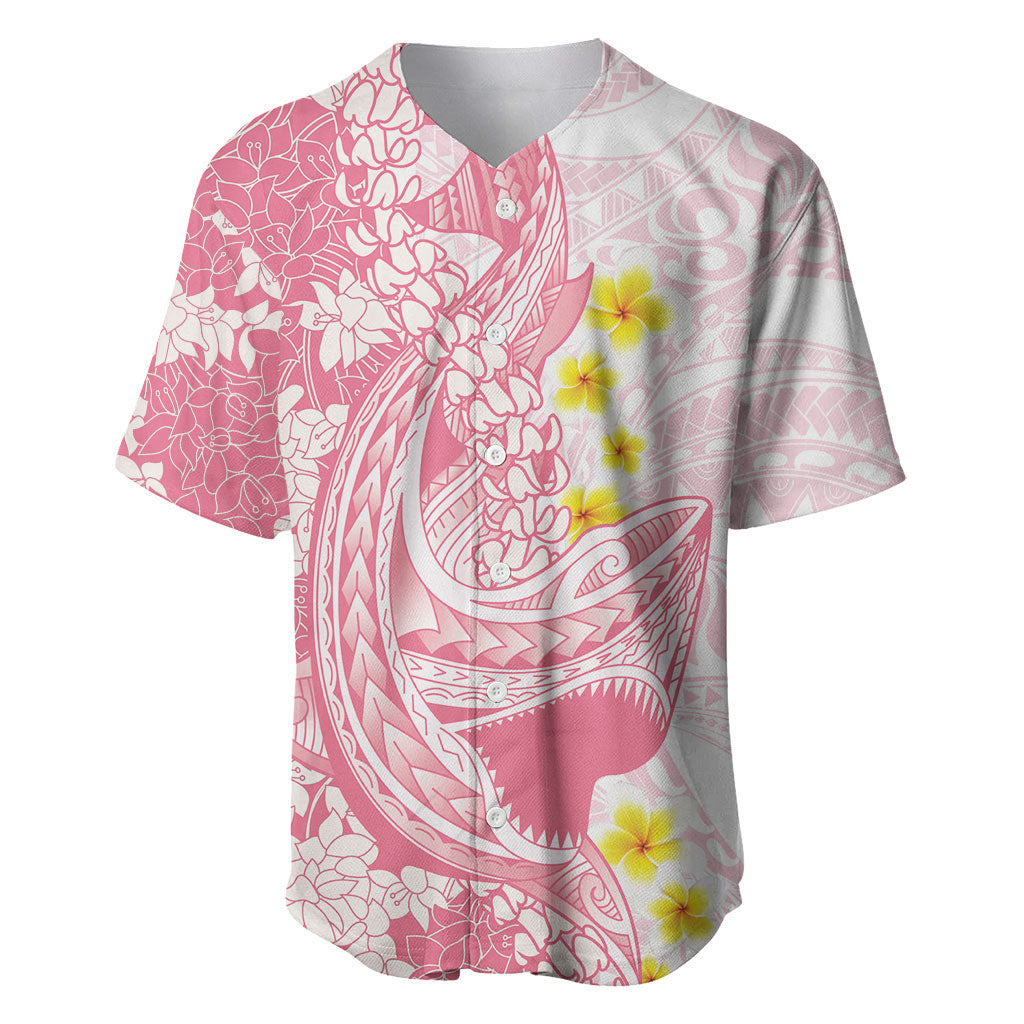 Pink Hawaii Shark Tattoo Baseball Jersey Puakenikeni Lei Plumeria Polynesian Pattern