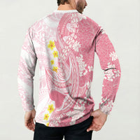 Pink Hawaii Shark Tattoo Button Sweatshirt Puakenikeni Lei Plumeria Polynesian Pattern