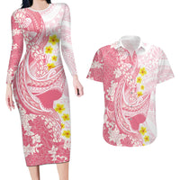 Pink Hawaii Shark Tattoo Couples Matching Long Sleeve Bodycon Dress and Hawaiian Shirt Puakenikeni Lei Plumeria Polynesian Pattern