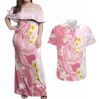 Pink Hawaii Shark Tattoo Couples Matching Off Shoulder Maxi Dress and Hawaiian Shirt Puakenikeni Lei Plumeria Polynesian Pattern LT14 Pink - Polynesian Pride