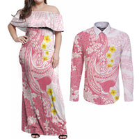 Pink Hawaii Shark Tattoo Couples Matching Off Shoulder Maxi Dress and Long Sleeve Button Shirt Puakenikeni Lei Plumeria Polynesian Pattern LT14 Pink - Polynesian Pride