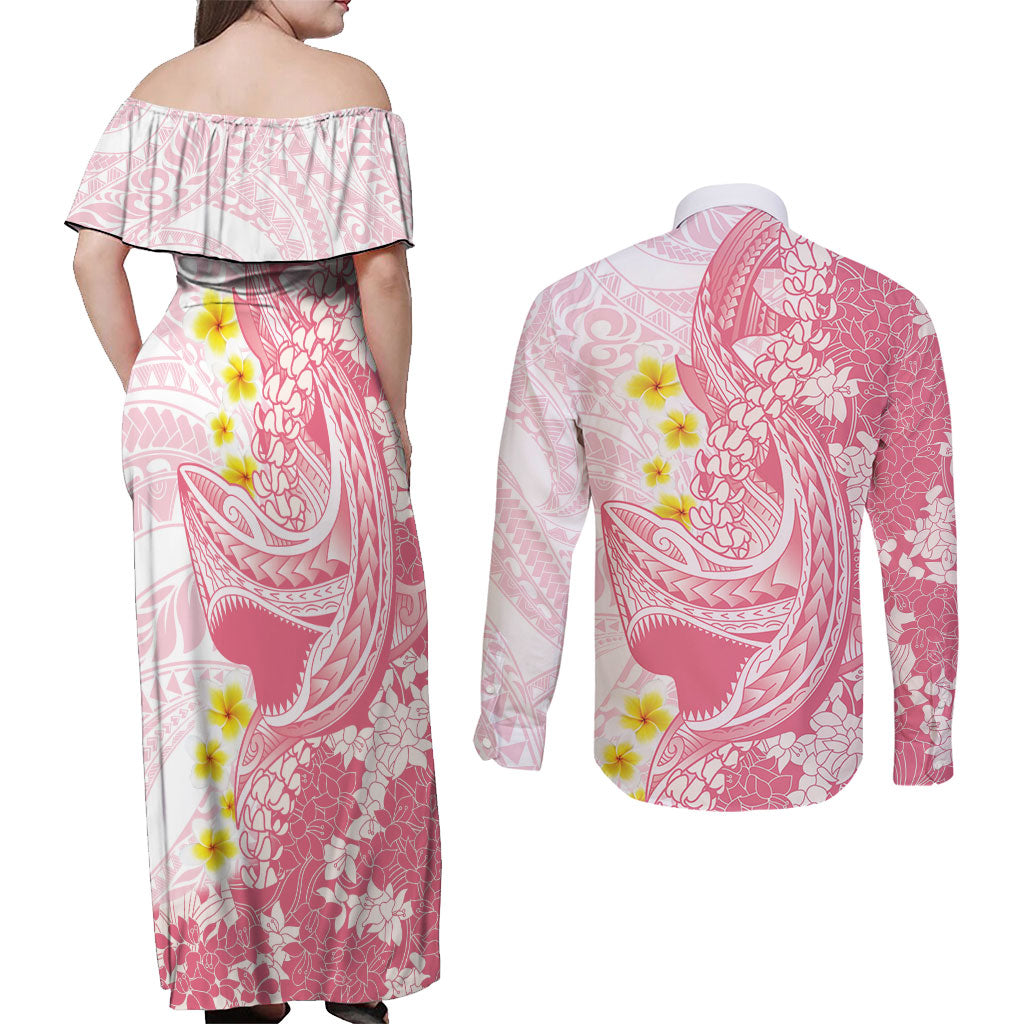 Pink Hawaii Shark Tattoo Couples Matching Off Shoulder Maxi Dress and Long Sleeve Button Shirt Puakenikeni Lei Plumeria Polynesian Pattern LT14 - Polynesian Pride