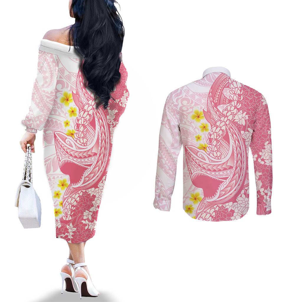 Pink Hawaii Shark Tattoo Couples Matching Off The Shoulder Long Sleeve Dress and Long Sleeve Button Shirt Puakenikeni Lei Plumeria Polynesian Pattern