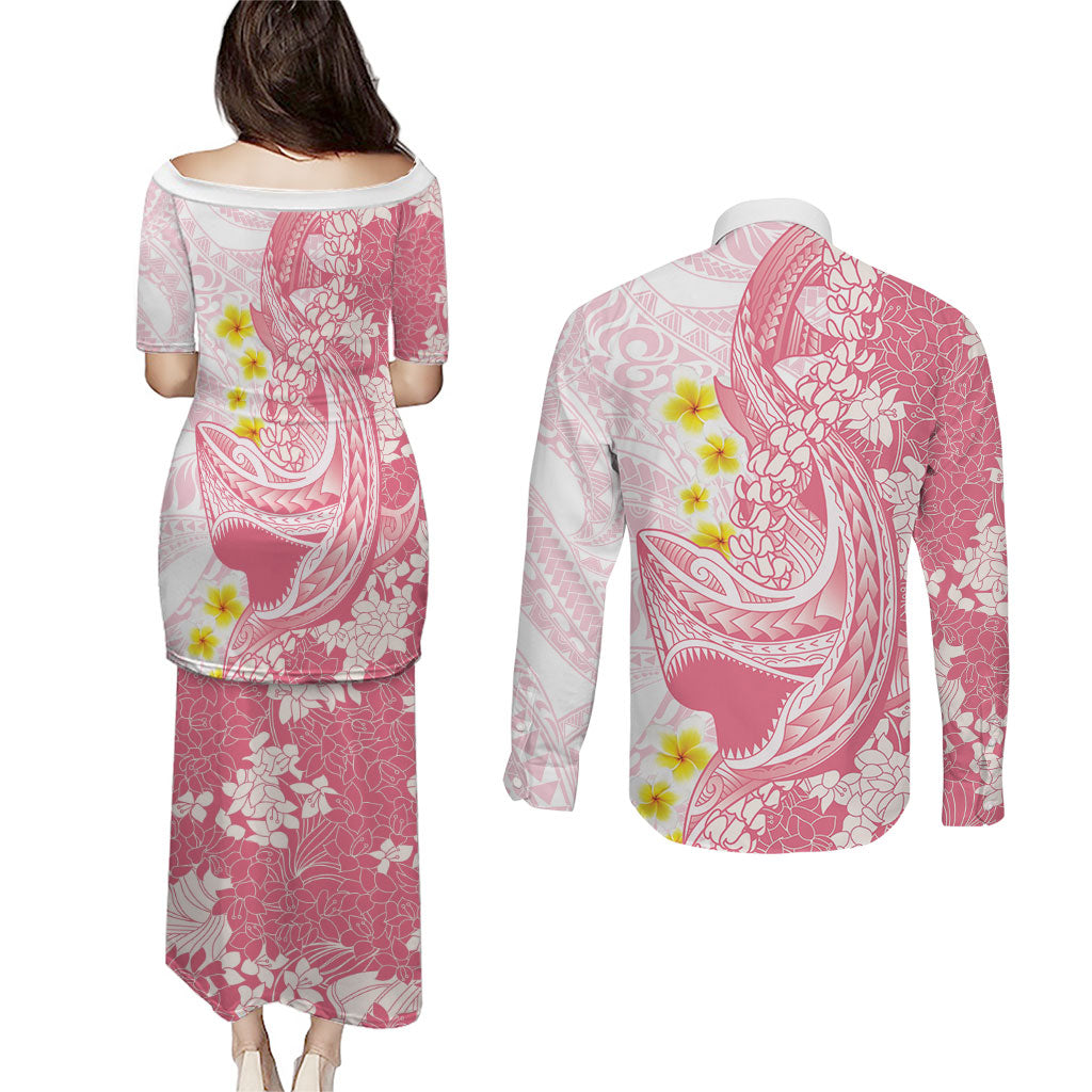 Pink Hawaii Shark Tattoo Couples Matching Puletasi and Long Sleeve Button Shirt Puakenikeni Lei Plumeria Polynesian Pattern LT14 - Polynesian Pride
