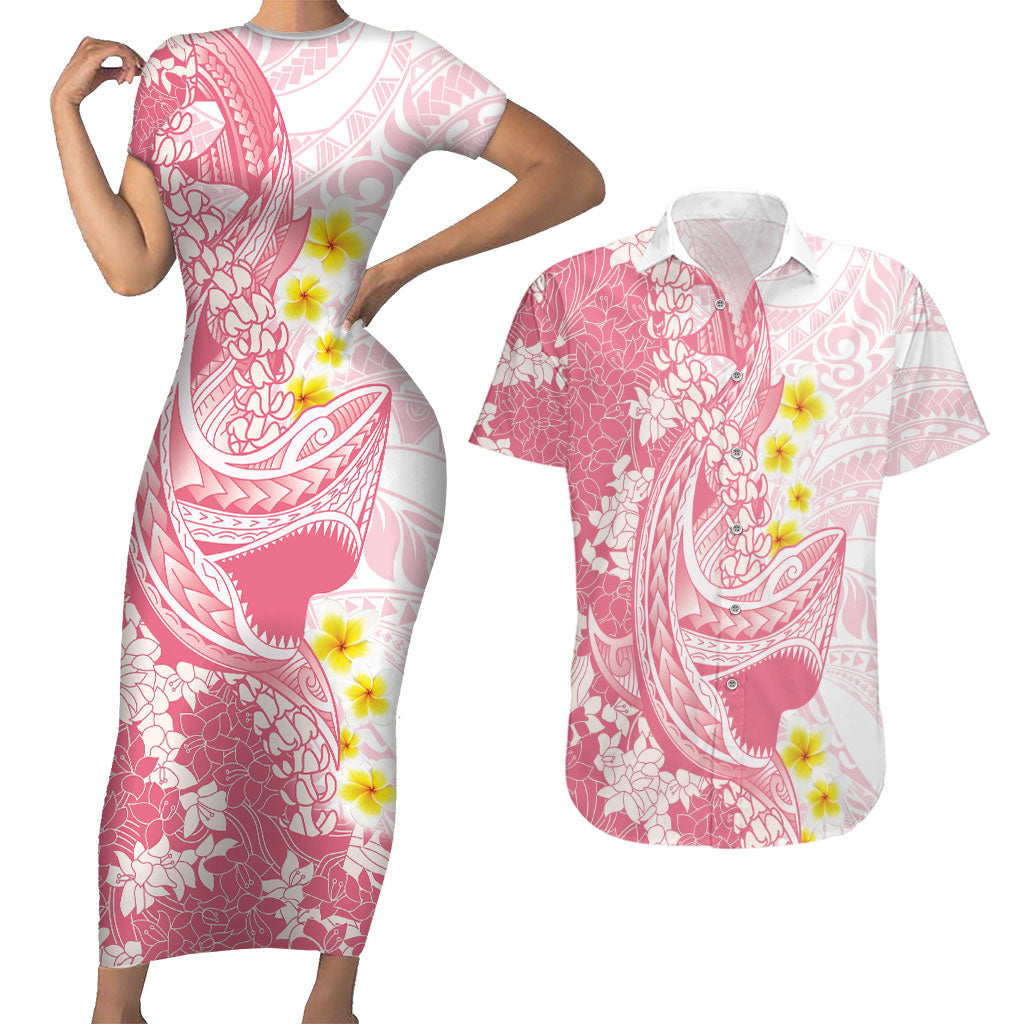 Pink Hawaii Shark Tattoo Couples Matching Short Sleeve Bodycon Dress and Hawaiian Shirt Puakenikeni Lei Plumeria Polynesian Pattern