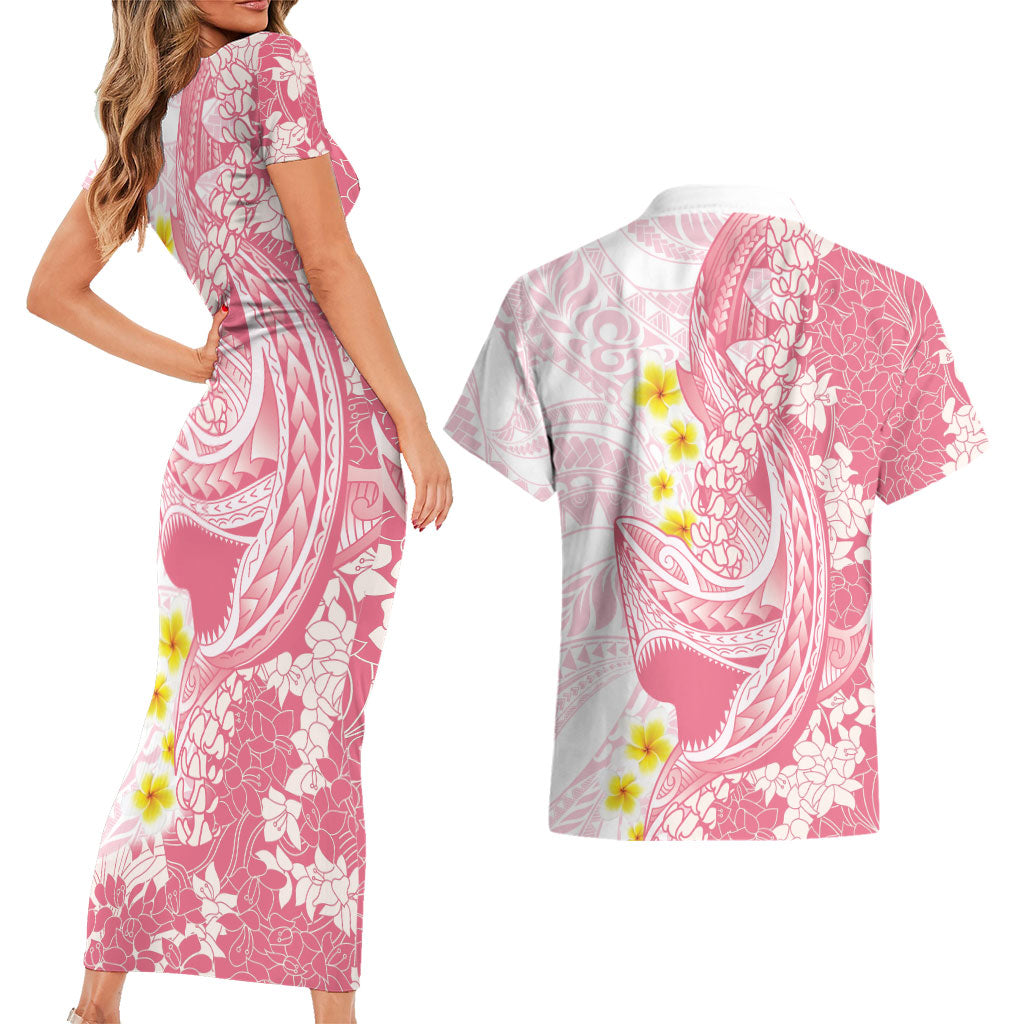 Pink Hawaii Shark Tattoo Couples Matching Short Sleeve Bodycon Dress and Hawaiian Shirt Puakenikeni Lei Plumeria Polynesian Pattern