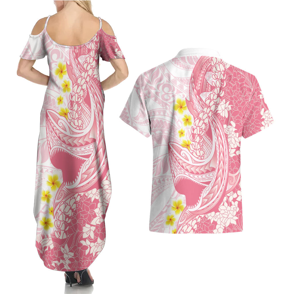 Pink Hawaii Shark Tattoo Couples Matching Summer Maxi Dress and Hawaiian Shirt Puakenikeni Lei Plumeria Polynesian Pattern LT14 - Polynesian Pride
