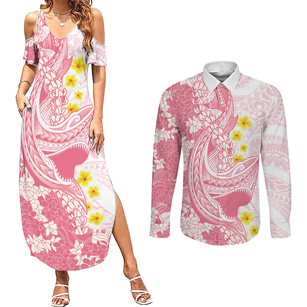 Pink Hawaii Shark Tattoo Couples Matching Summer Maxi Dress and Long Sleeve Button Shirt Puakenikeni Lei Plumeria Polynesian Pattern LT14 Pink - Polynesian Pride