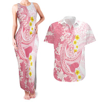 Pink Hawaii Shark Tattoo Couples Matching Tank Maxi Dress and Hawaiian Shirt Puakenikeni Lei Plumeria Polynesian Pattern